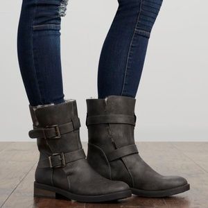 Reece Gray Faux Leather Fur Moto Strap Ankle Boot